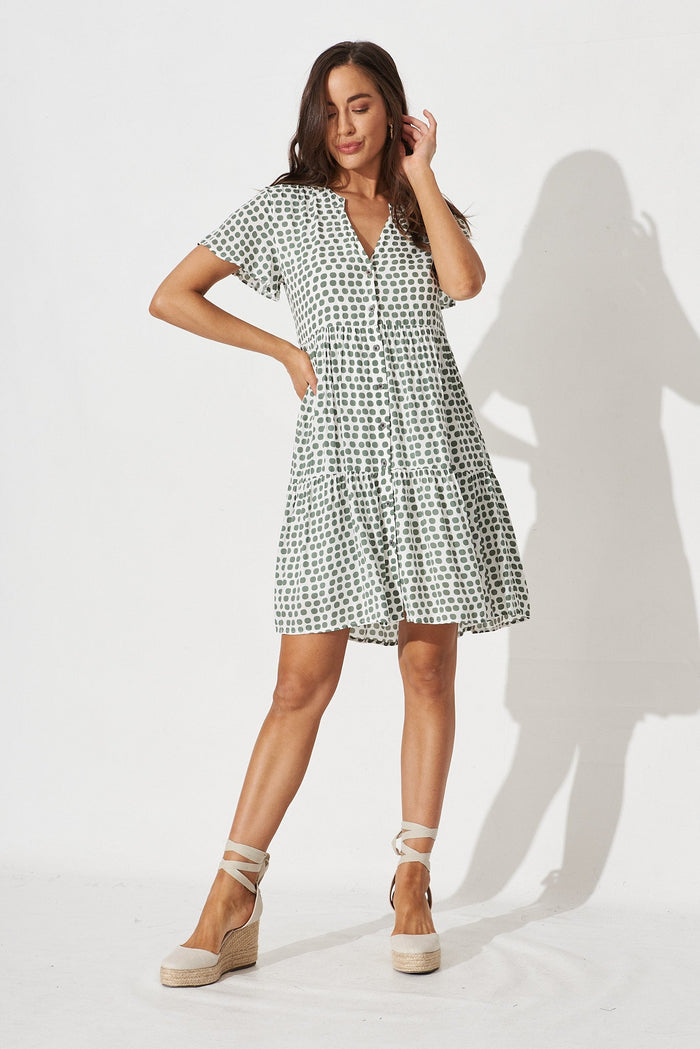 Shelby Shirt Dress In White With Green Polka Dot - full length
