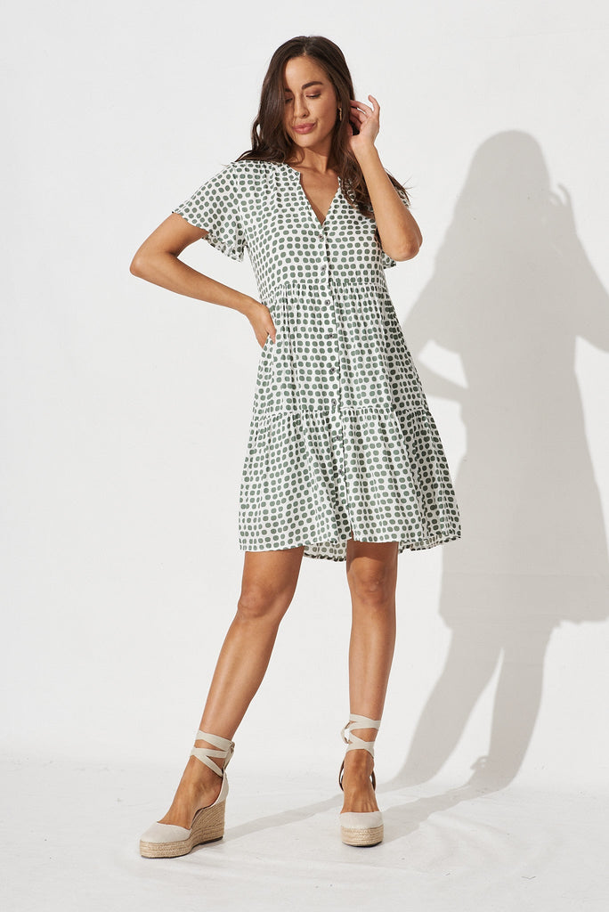Shelby Shirt Dress In White With Green Polka Dot - full length