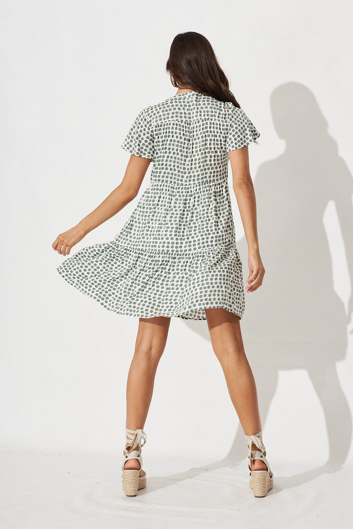 Shelby Shirt Dress In White With Green Polka Dot - back