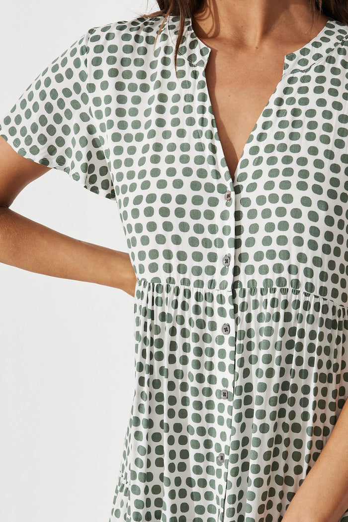 Shelby Shirt Dress In White With Green Polka Dot - detail