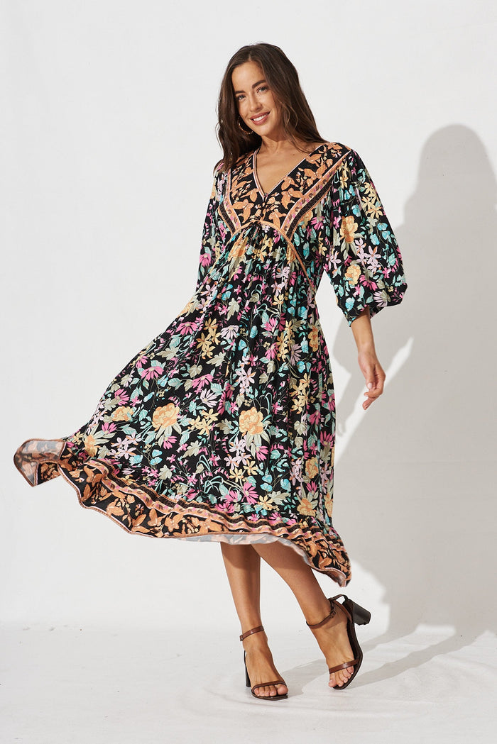 Maggie Midi Dress in Black Multi FLoral - full length