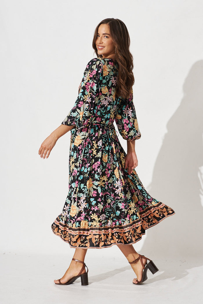 Maggie Midi Dress in Black Multi FLoral - side