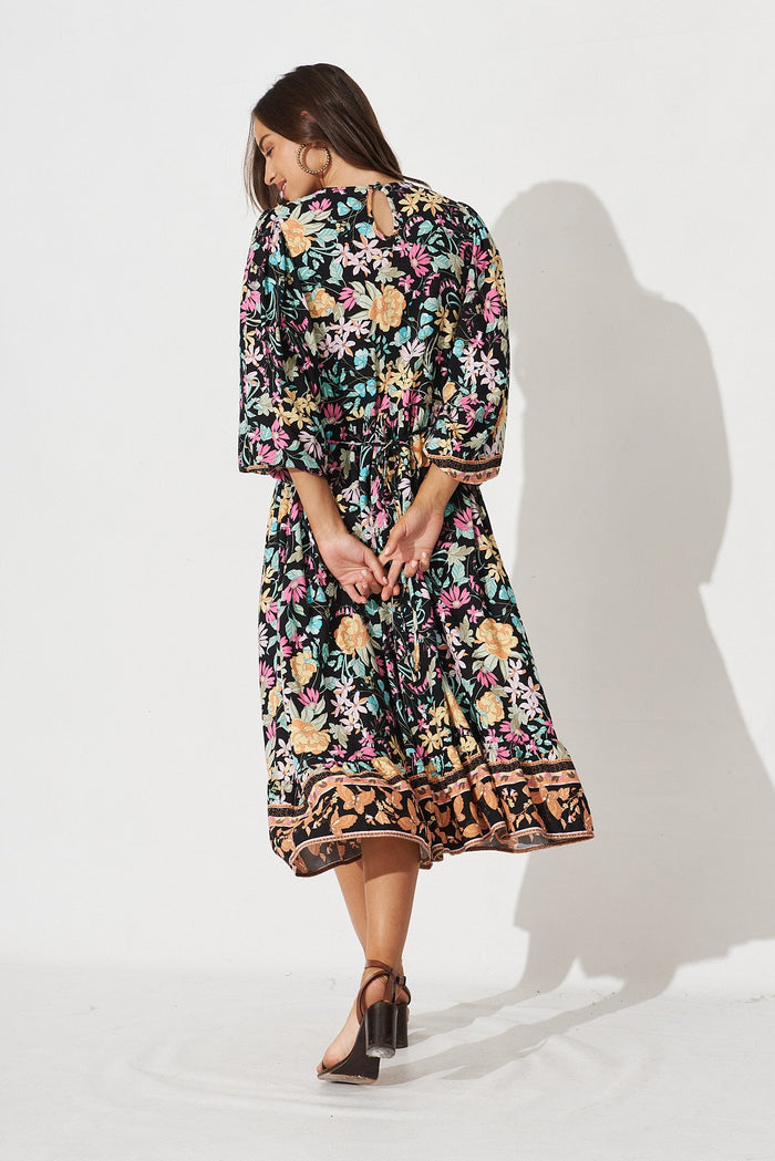 Maggie Midi Dress in Black Multi FLoral - back