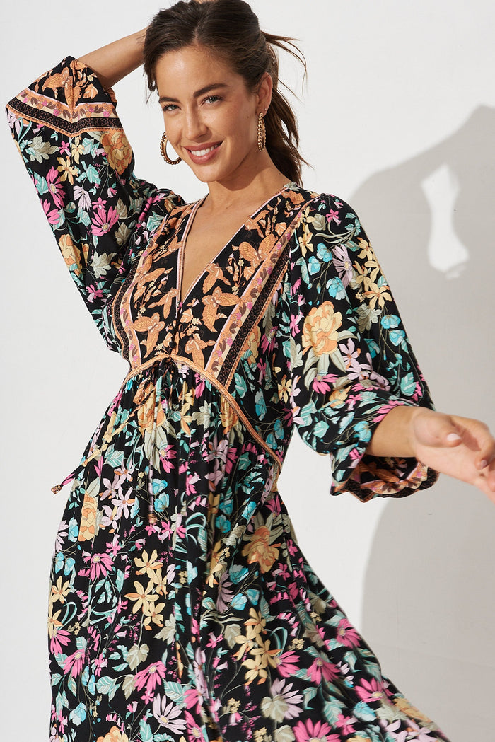 Maggie Midi Dress in Black Multi FLoral - front