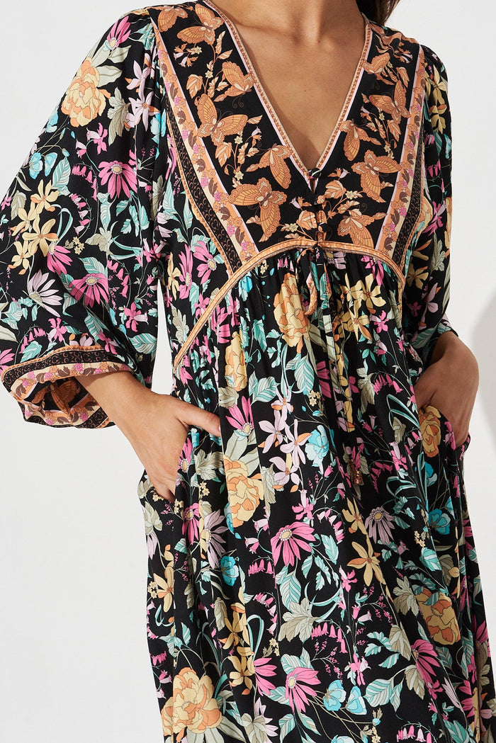 Maggie Midi Dress in Black Multi FLoral - detail