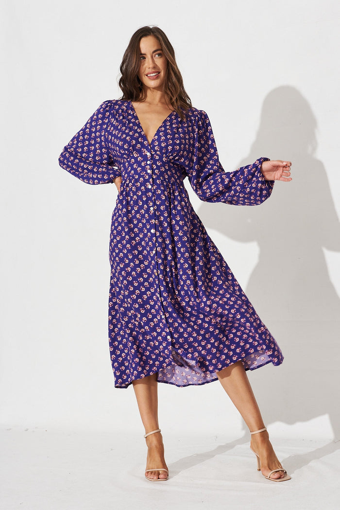 Nadalene Midi Dress in Purple Floral - full length