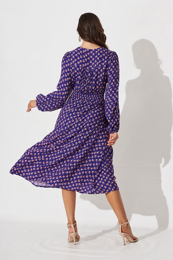 Nadalene Midi Dress in Purple Floral - back