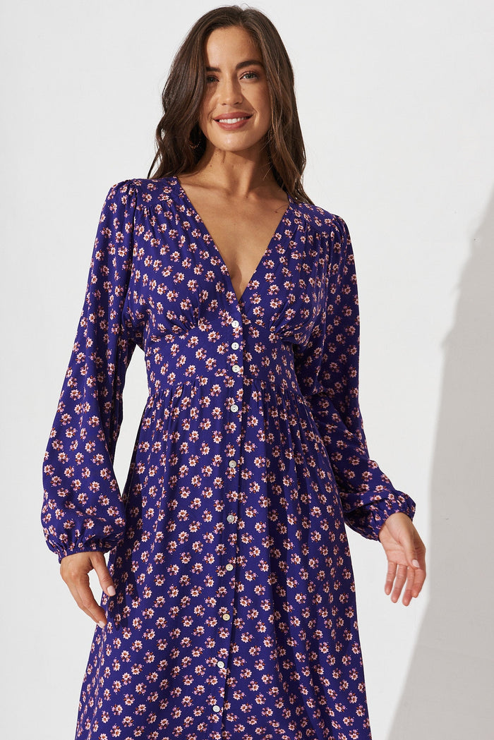 Nadalene Midi Dress in Purple Floral - front