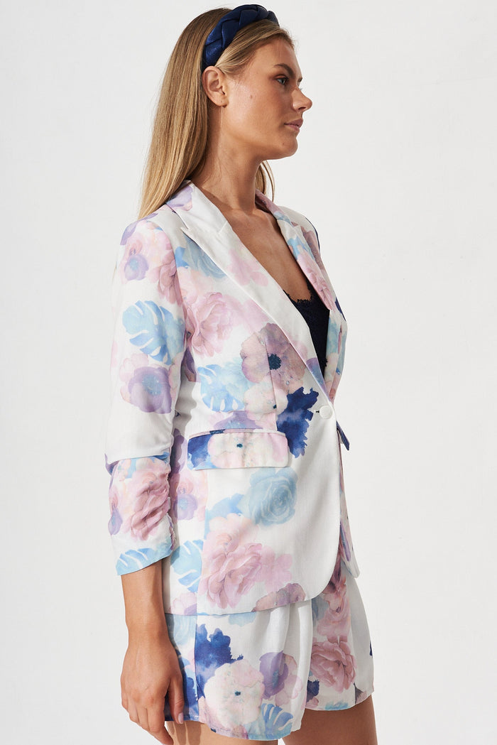 Natalina Blazer In White With Blush Floral Linen Blend - side