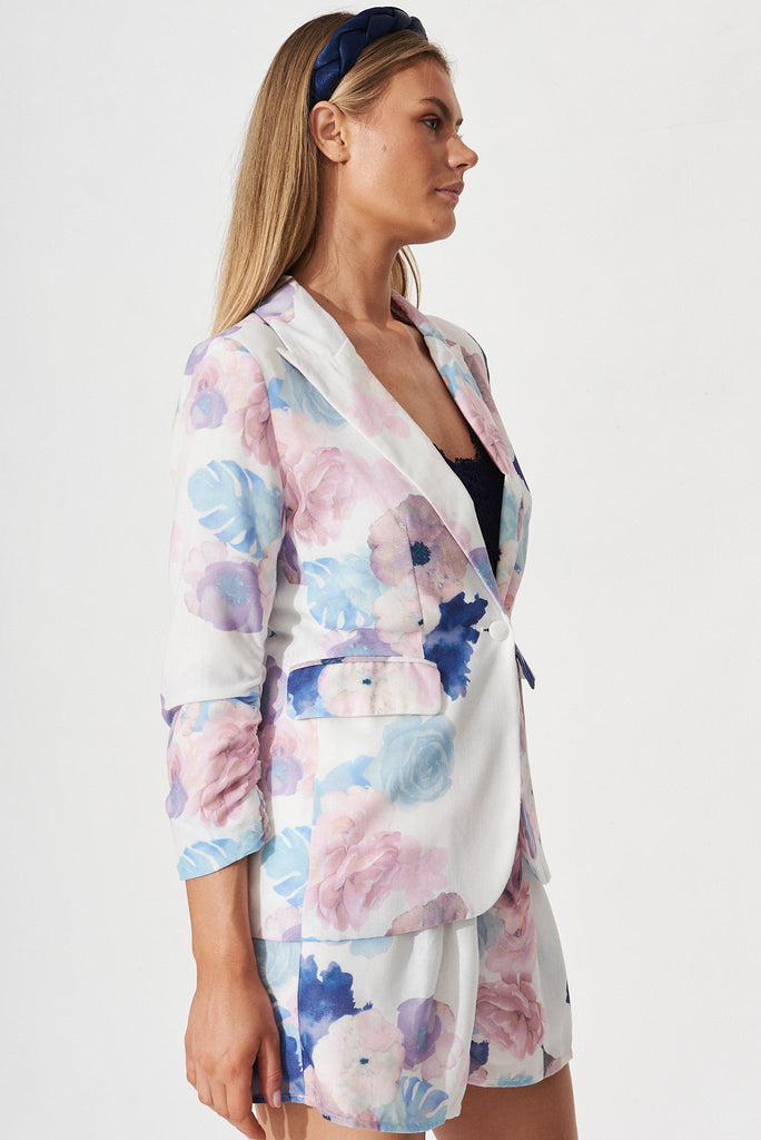 Natalina Blazer In White With Blush Floral Linen Blend - side