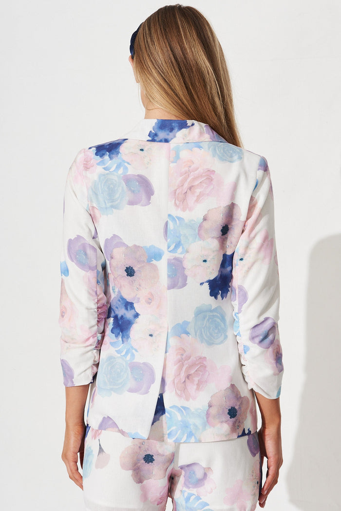 Natalina Blazer In White With Blush Floral Linen Blend - back