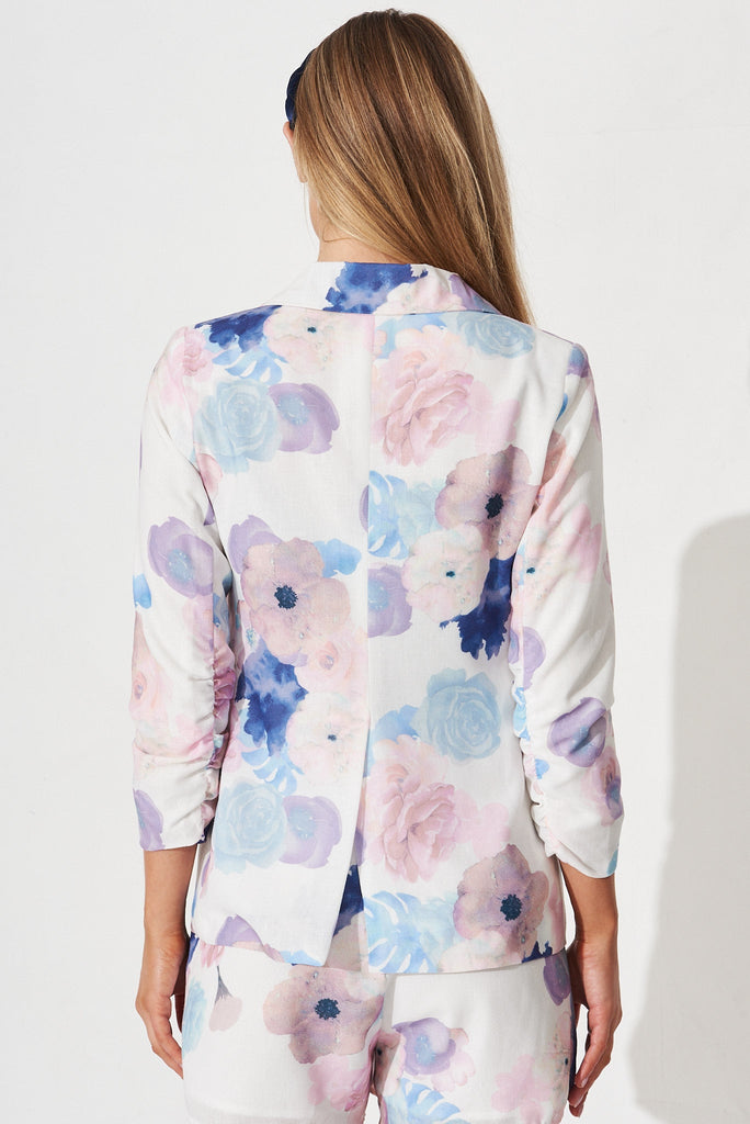 Natalina Blazer In White With Blush Floral Linen Blend - back
