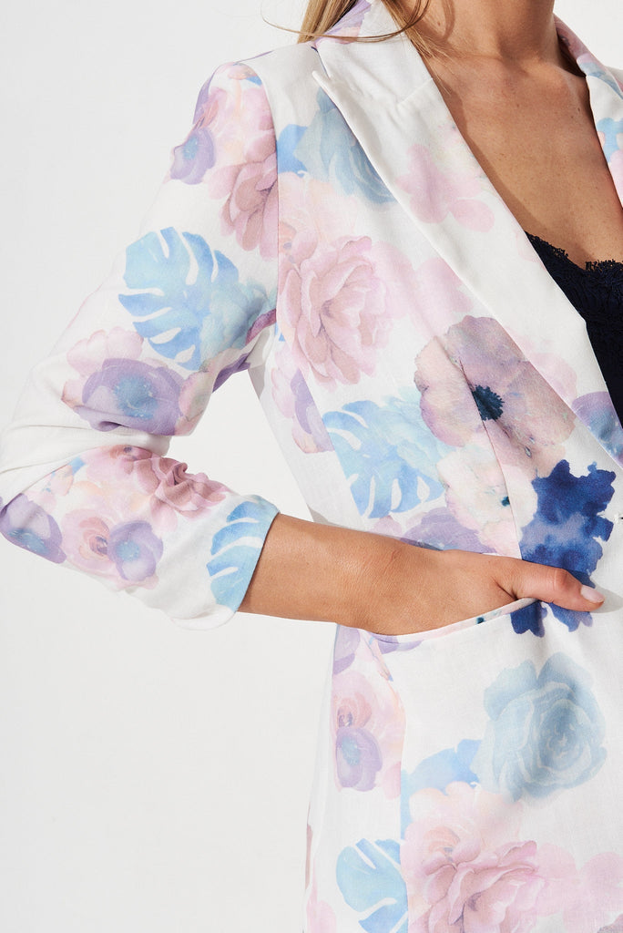 Natalina Blazer In White With Blush Floral Linen Blend - detail