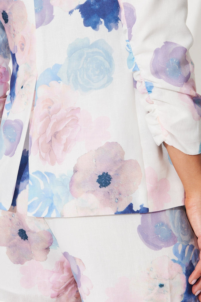 Natalina Blazer In White With Blush Floral Linen Blend - detail