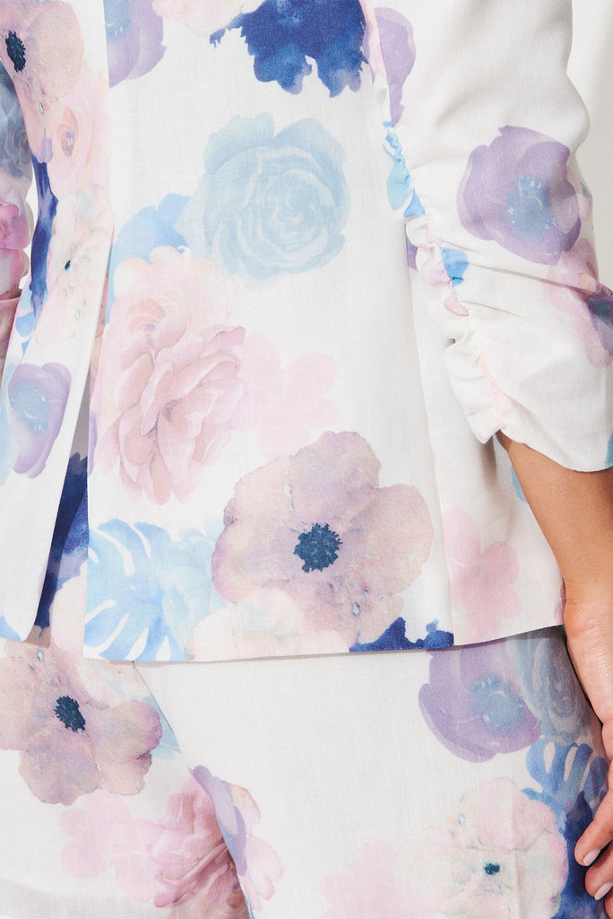Natalina Blazer In White With Blush Floral Linen Blend - detail