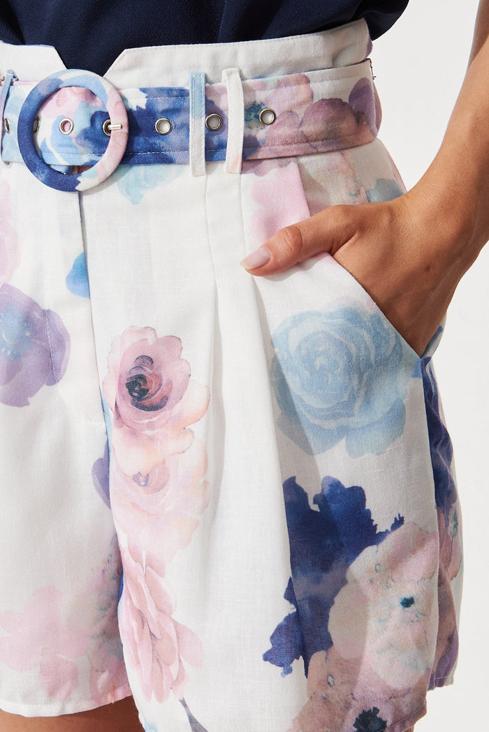 Amellie Shorts In White With Blush Floral Linen Blend - St Frock (Dev)