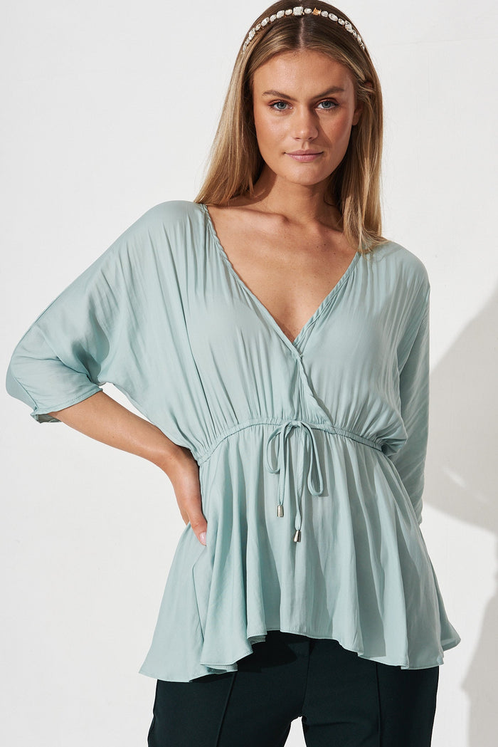 Denissa Satin Top In Duckegg Blue - front