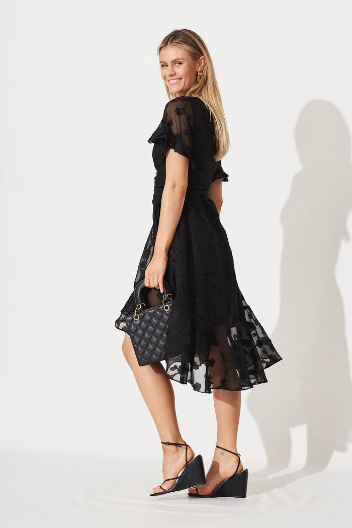 Felicidad Midi Wrap Dress In Black Chiffon - side