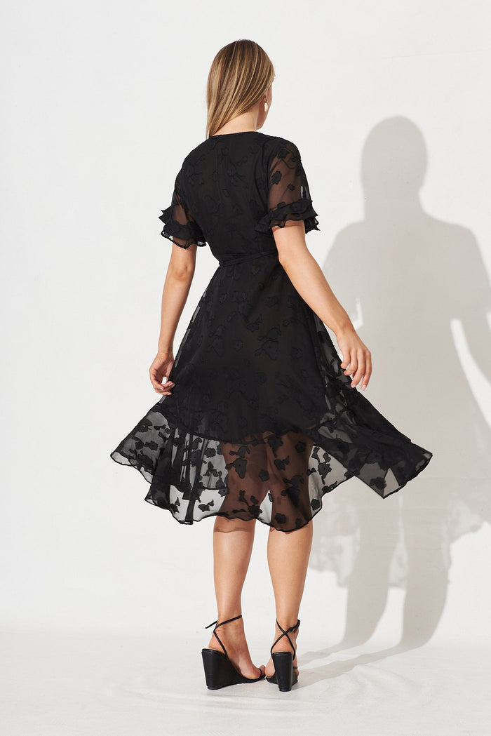 Felicidad Midi Wrap Dress In Black Chiffon - back