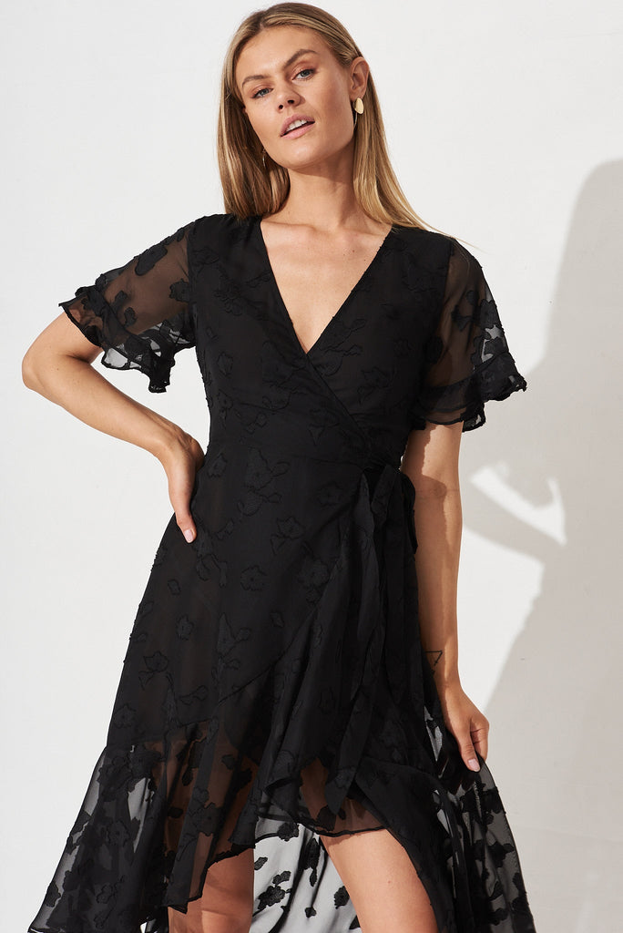 Felicidad Midi Wrap Dress In Black Chiffon - front
