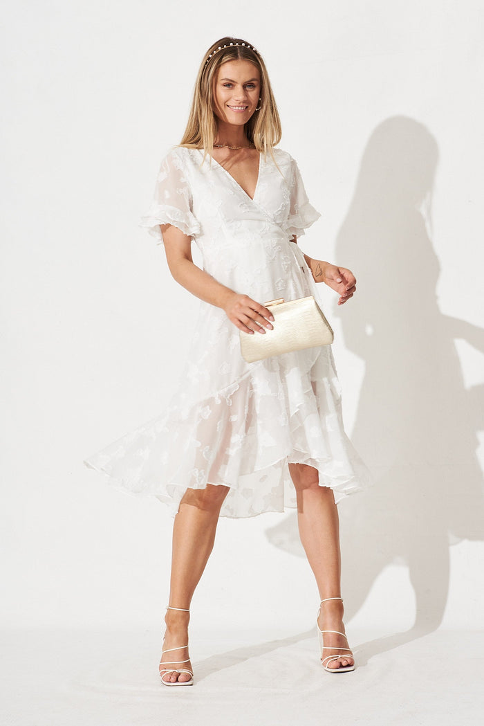 Felicidad Midi Wrap Dress In White Chiffon - full length