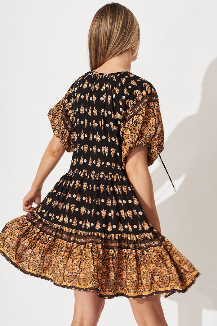 Nardie Smock Dress In Black With Orange Boho Floral - back
