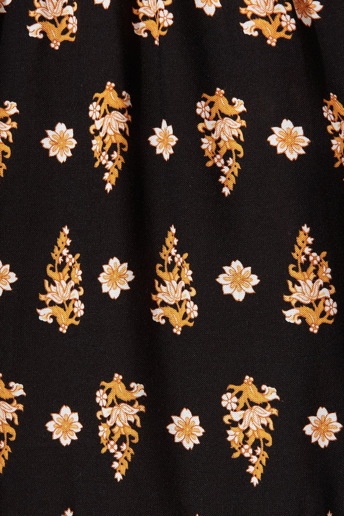Nardie Smock Dress In Black With Orange Boho Floral - fabric