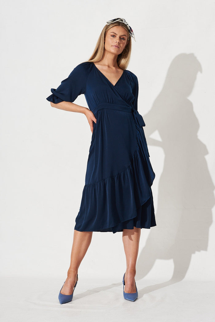 Sally Midi Wrap Dress In Navy Satin - Full length