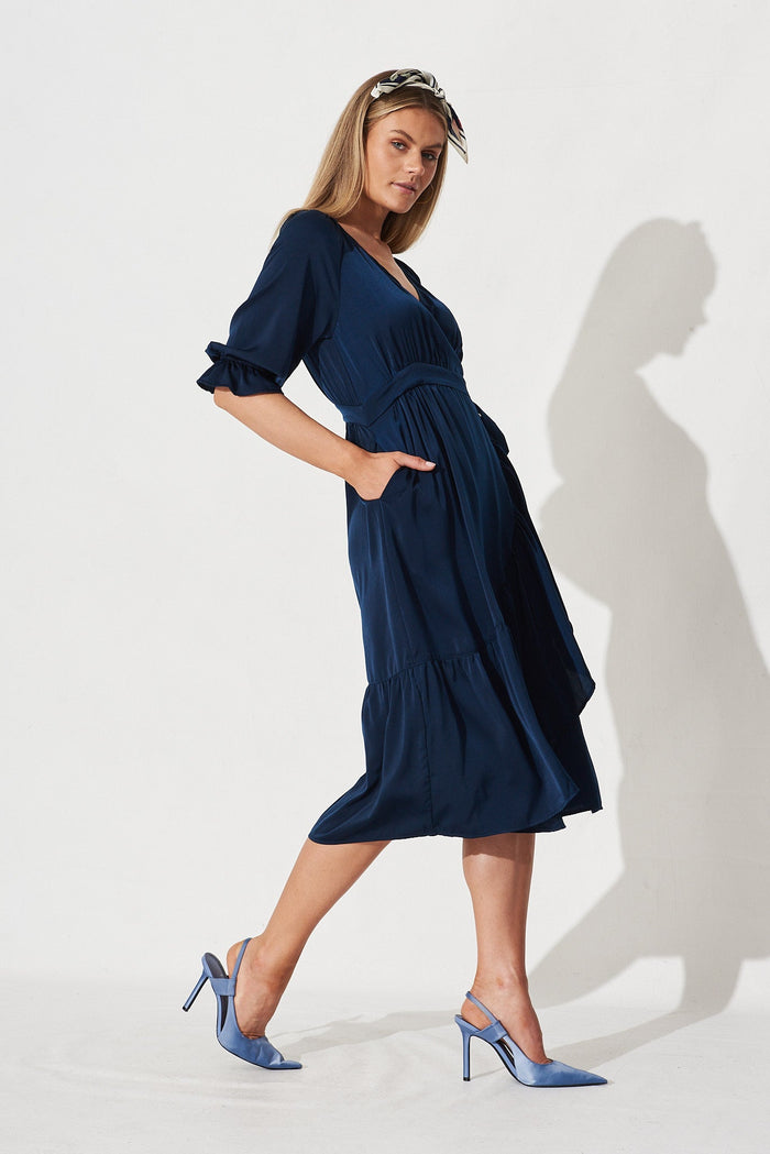 Sally Midi Wrap Dress In Navy Satin - side