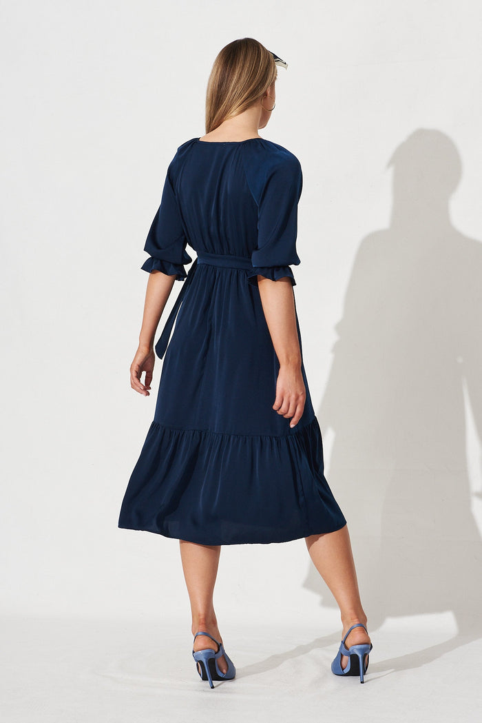 Sally Midi Wrap Dress In Navy Satin - back