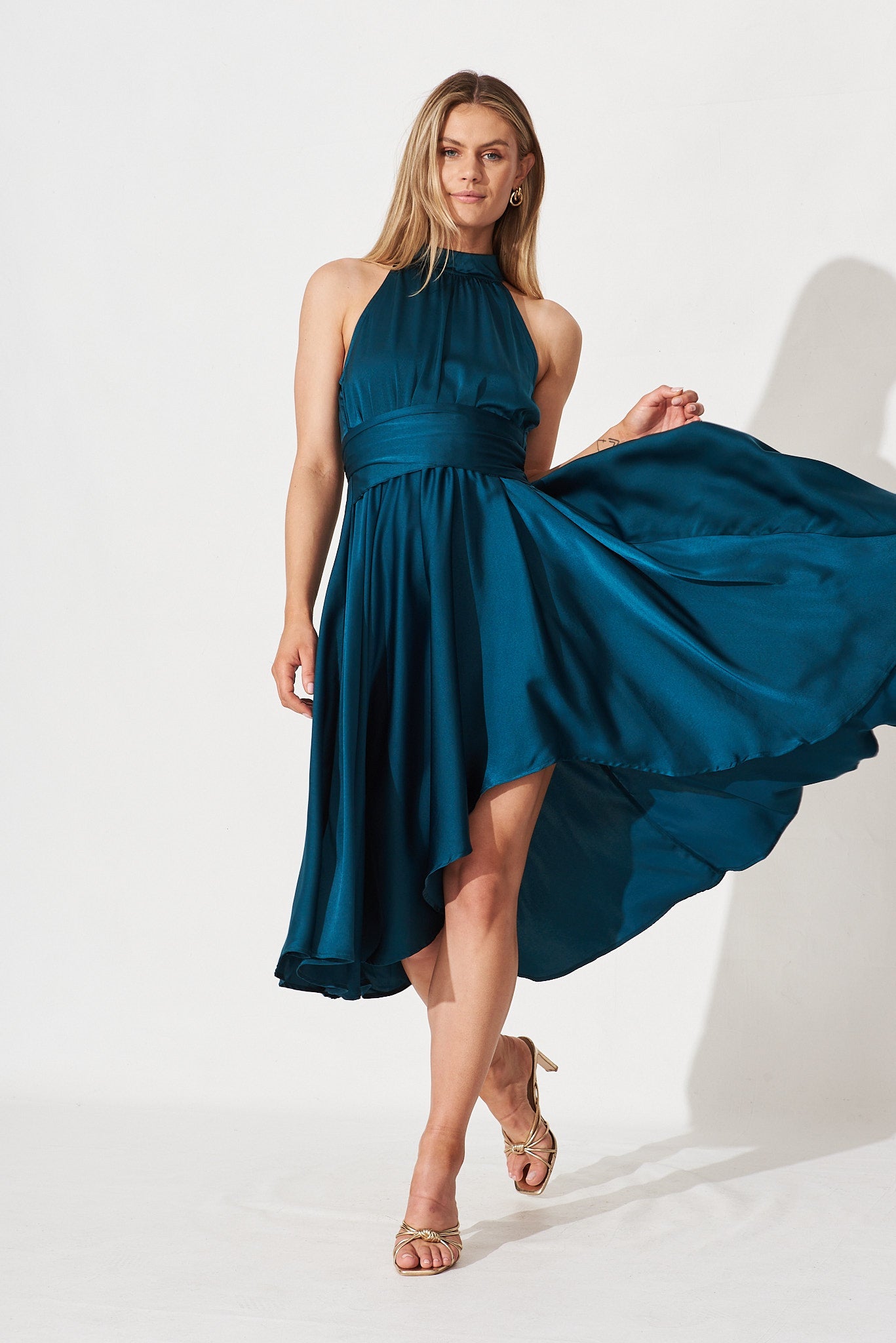 Natalene Midi Dress In Emerald Satin - full length