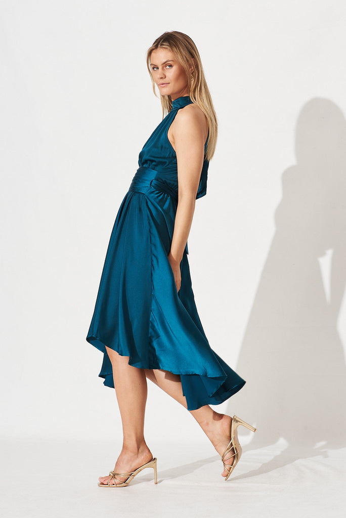 Natalene Midi Dress In Emerald Satin - side