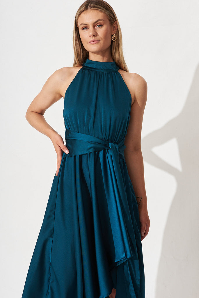 Natalene Midi Dress In Emerald Satin - front