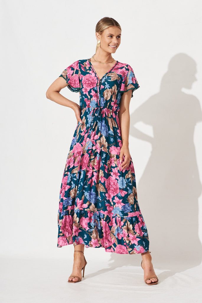Katya Maxi Dress In Teal With Pink Blue Floral - full length