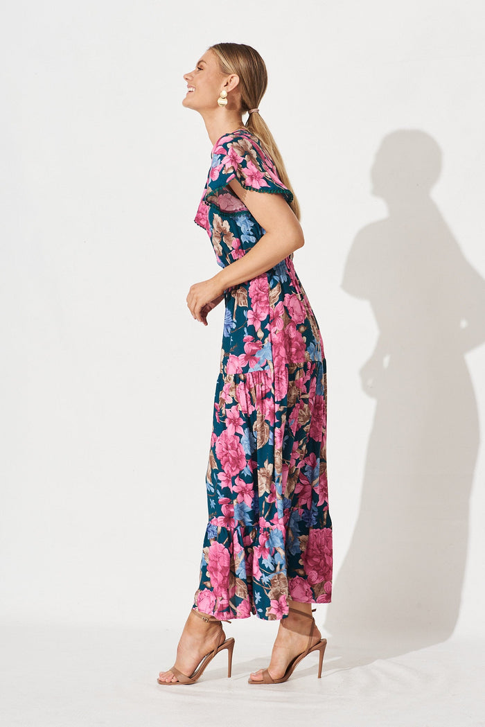 Katya Maxi Dress In Teal With Pink Blue Floral - side