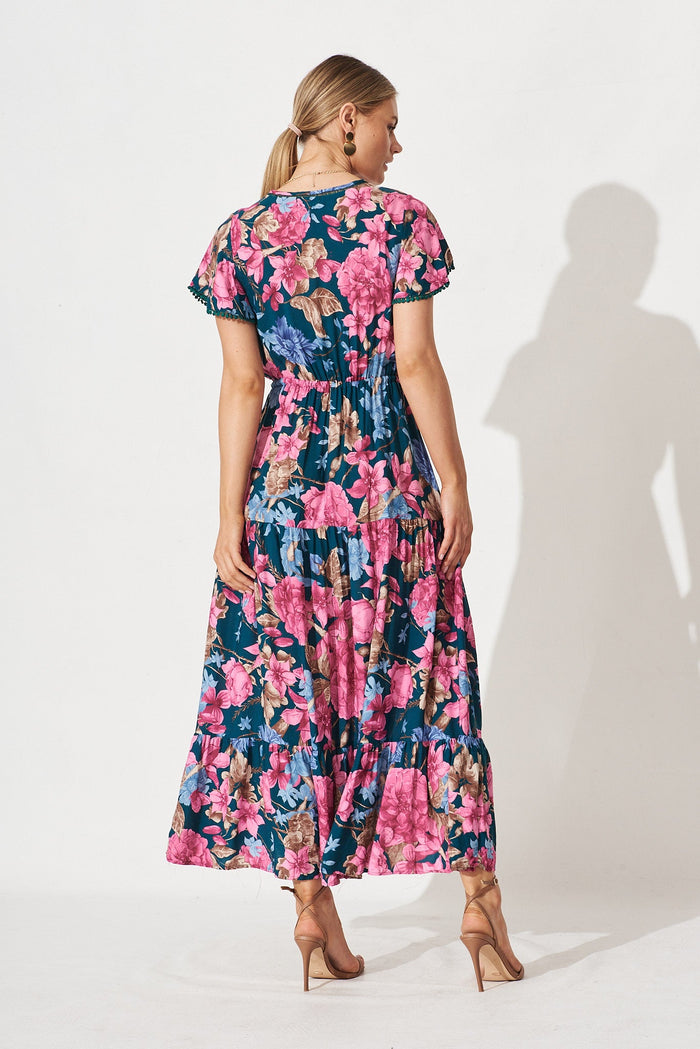 Katya Maxi Dress In Teal With Pink Blue Floral - back