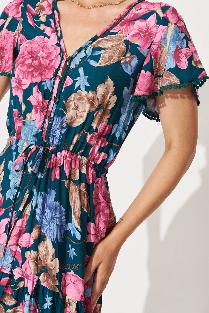 Katya Maxi Dress In Teal With Pink Blue Floral - detail