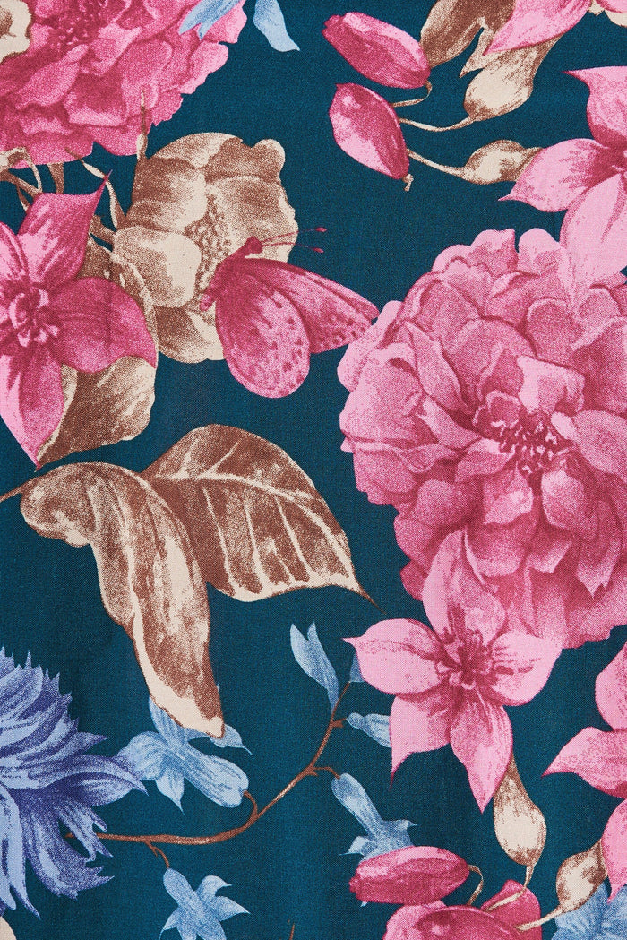 Katya Maxi Dress In Teal With Pink Blue Floral - fabric