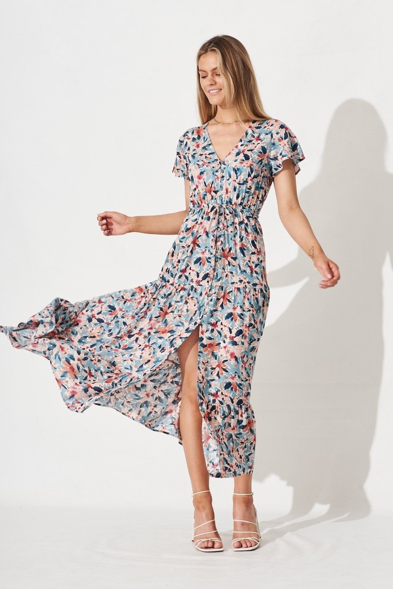Clairie Maxi Dress In Dusty Teal With Multi Floral - St Frock (Dev)