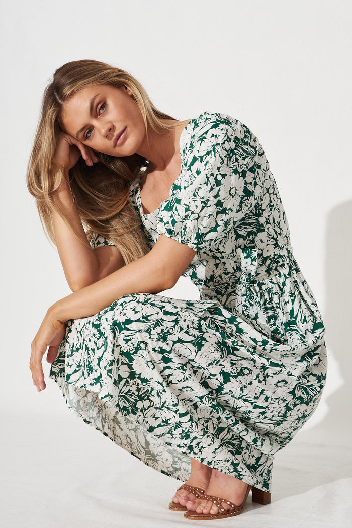 Darly Midi Dress In Green With White Floral - side