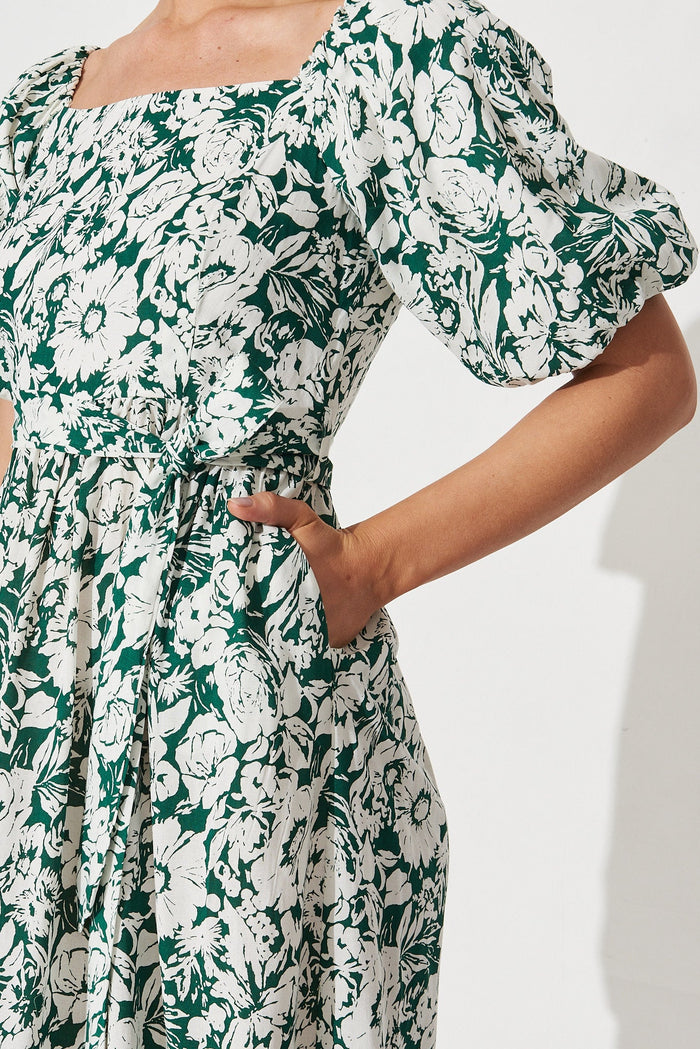 Darly Midi Dress In Green With White Floral - detail