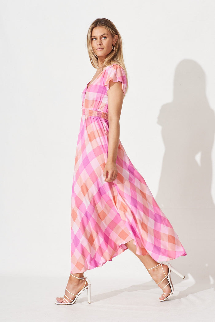 Coreen Midi Dress In Pink With Purple Gingham - side