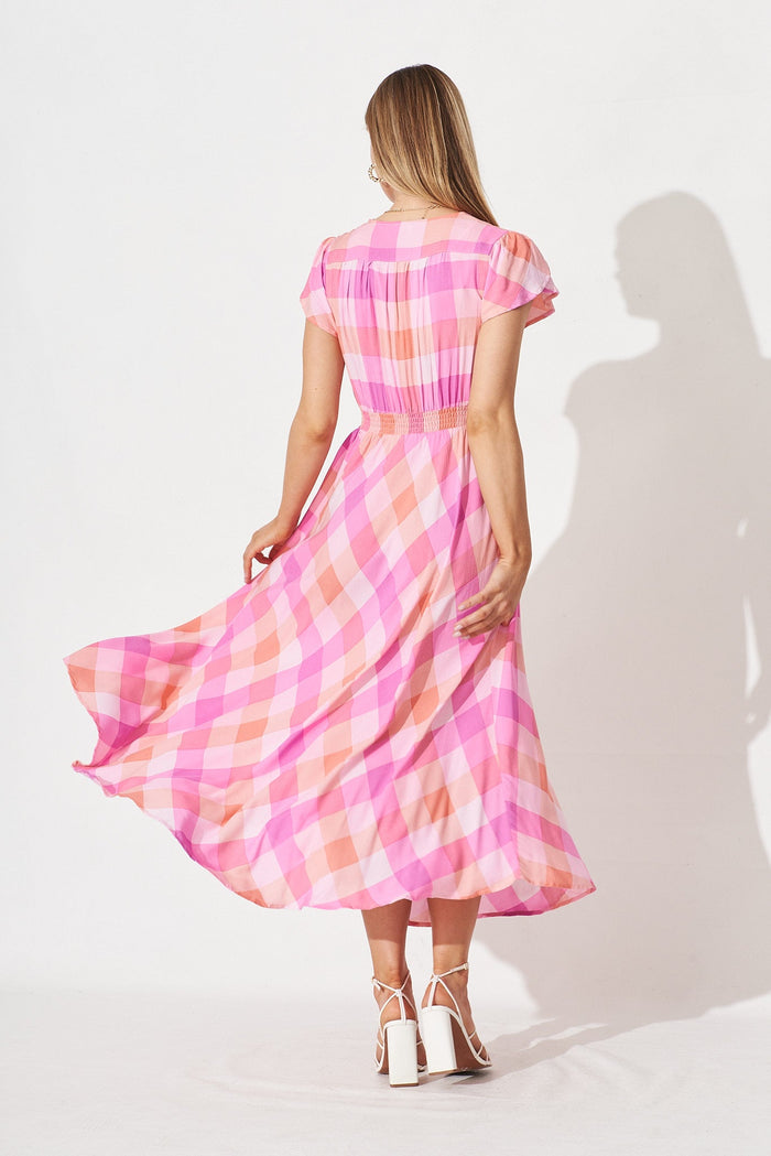 Coreen Midi Dress In Pink With Purple Gingham - back