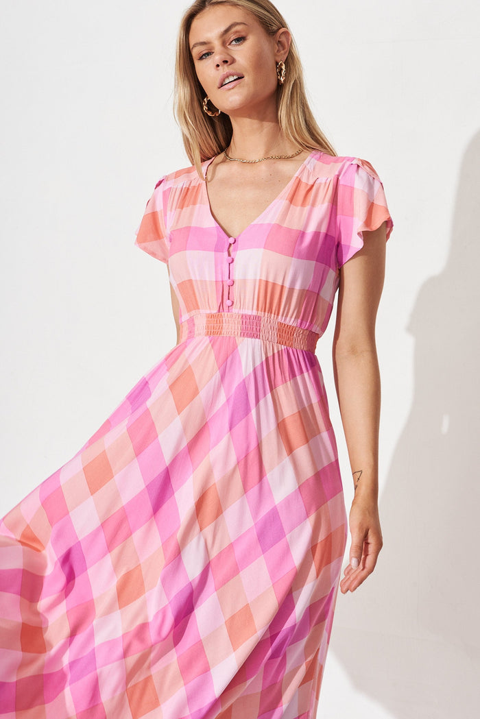 Coreen Midi Dress In Pink With Purple Gingham - front