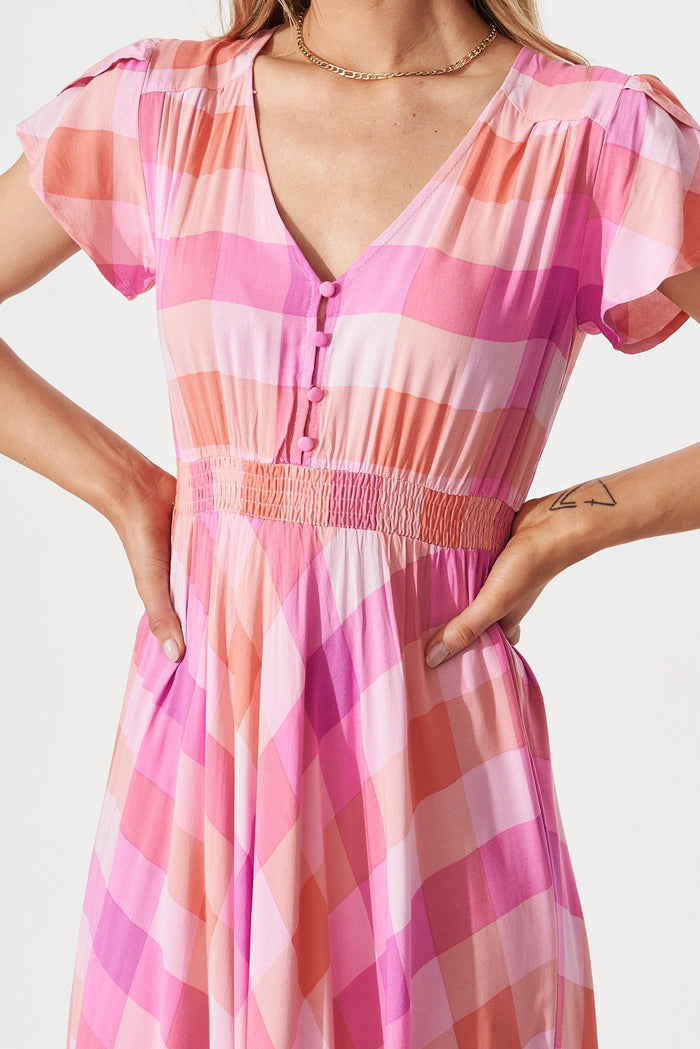 Coreen Midi Dress In Pink With Purple Gingham - detail
