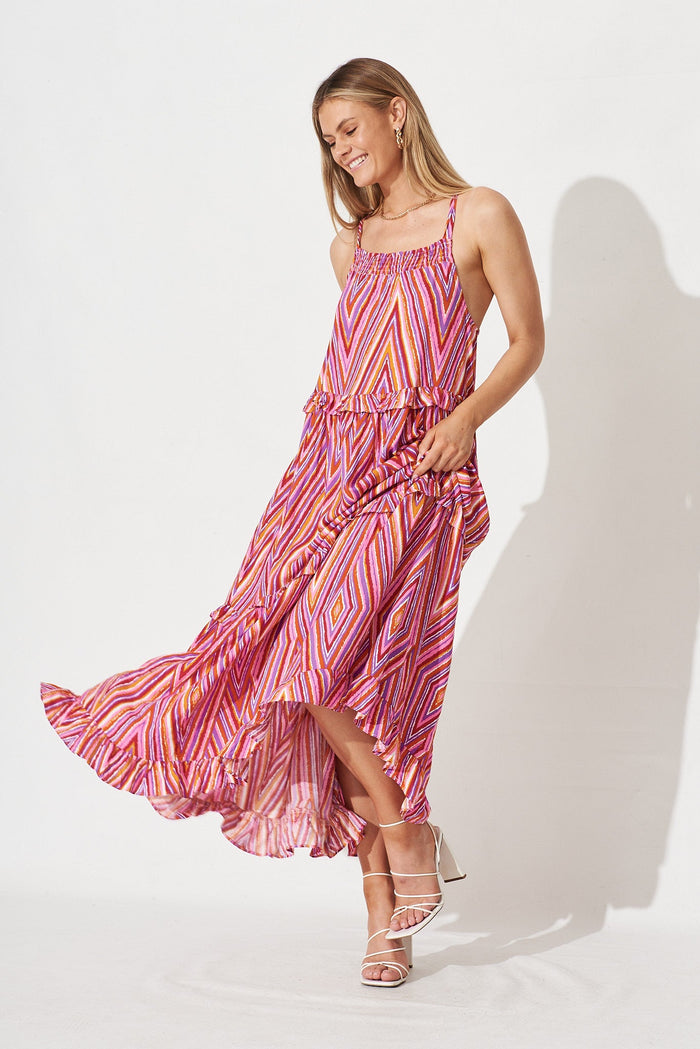 Hayla Maxi Dress In Pink With Purple Geometric - Full Length