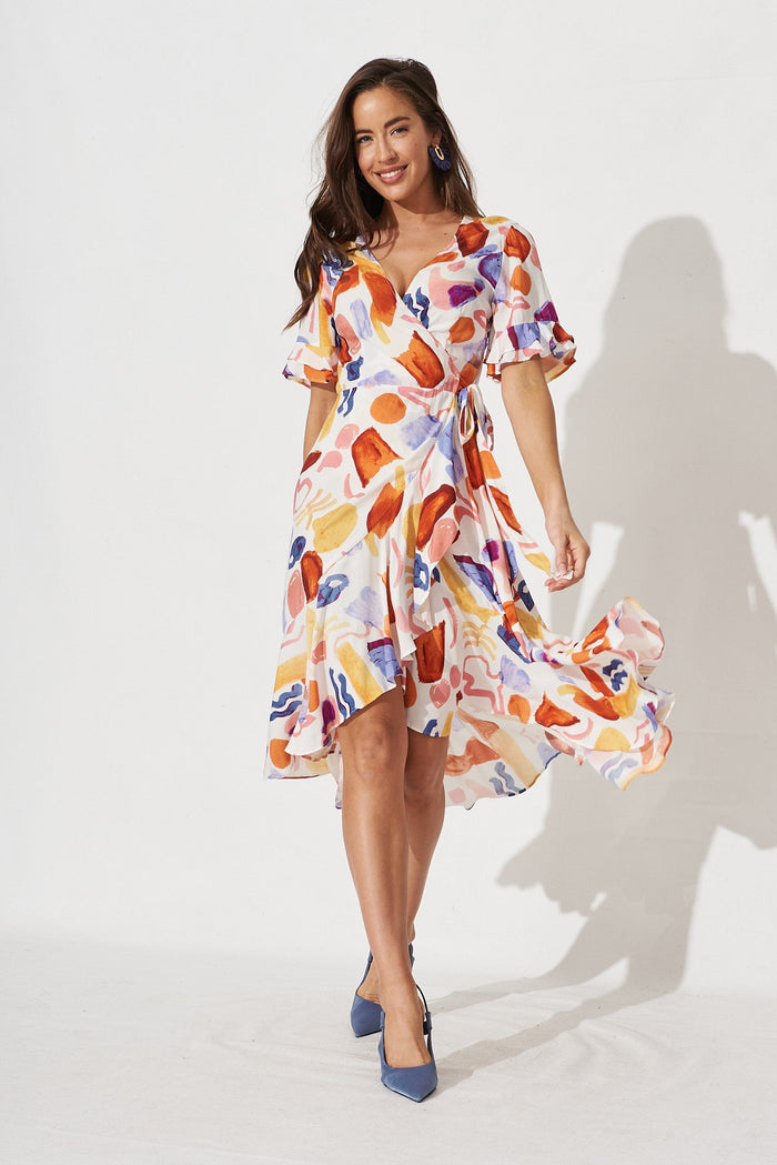 Felecia Midi Wrap Dress In White With Multi Abstract - full length