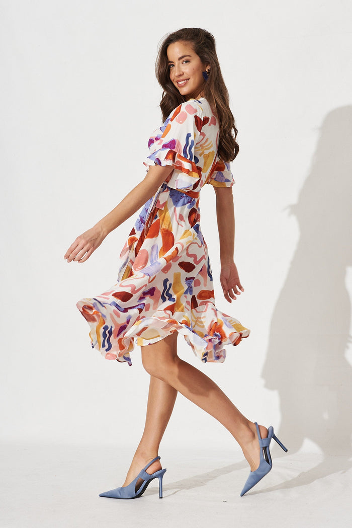 Felecia Midi Wrap Dress In White With Multi Abstract - side