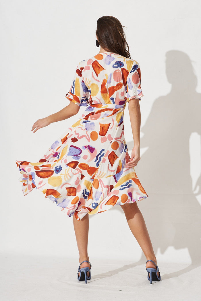 Felecia Midi Wrap Dress In White With Multi Abstract - back