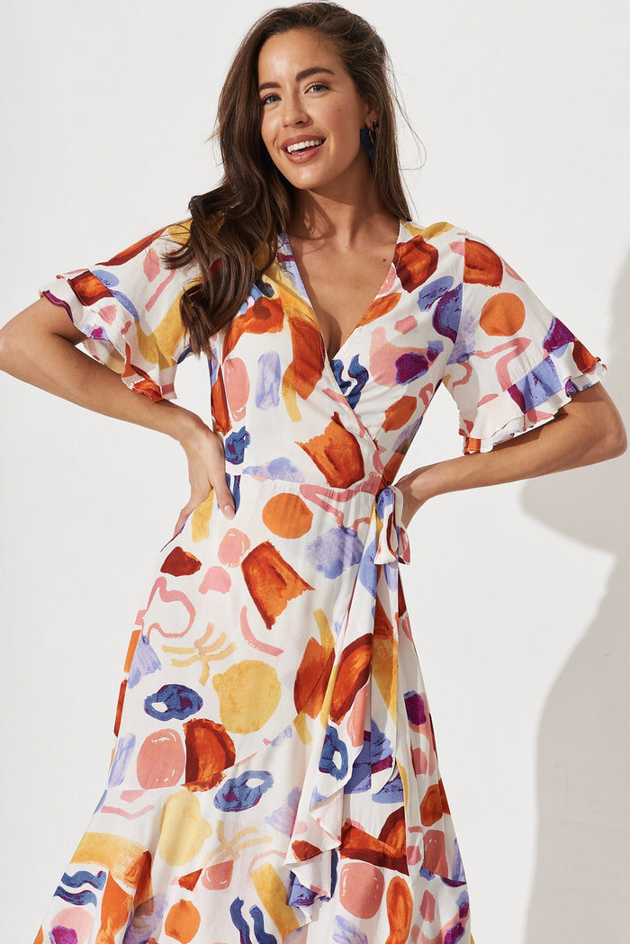 Felecia Midi Wrap Dress In White With Multi Abstract - front